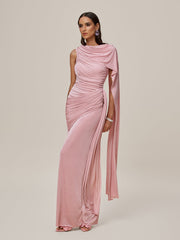 Robe longue drapée à châle froncée 