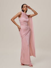 Robe longue drapée à châle froncée 