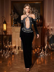 Robe longue en velours à découpes et cristaux 