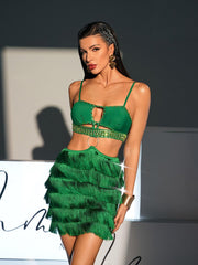 Rhinestone Cutout Fringe Bandage Dress In Green