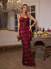 Sequin Fringe Maxi Dress In Red