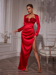 Robe longue en satin fleuri à manches longues 