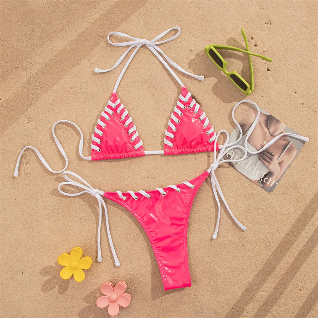 PU Faux Leather Halter Bikini Two-pieces Bikini Set