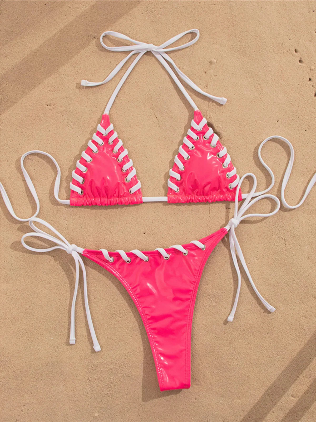 PU Faux Leather Halter Bikini Two-pieces Bikini Set
