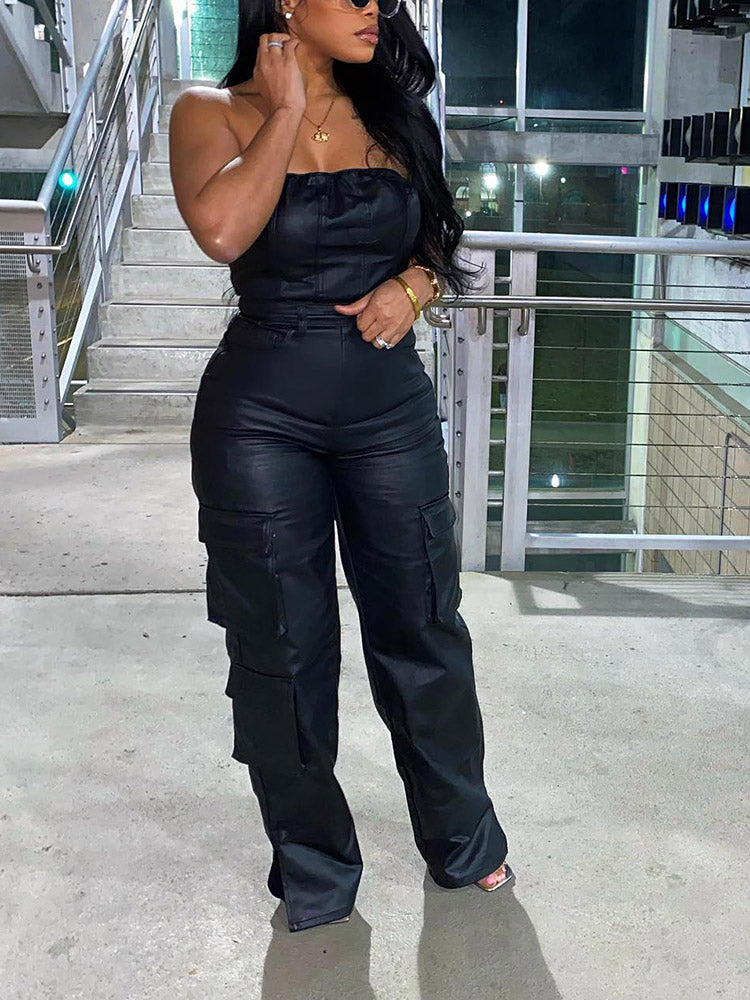 Leather Tube Cargo Jumpsuits