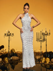Robe longue dos nu à sequins et motif toile d'araignée 
