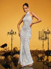 Robe longue dos nu à sequins et motif toile d'araignée 