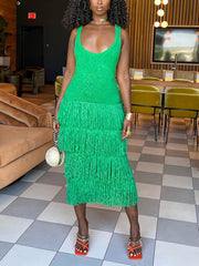 Knit Layer Fringe Dresses