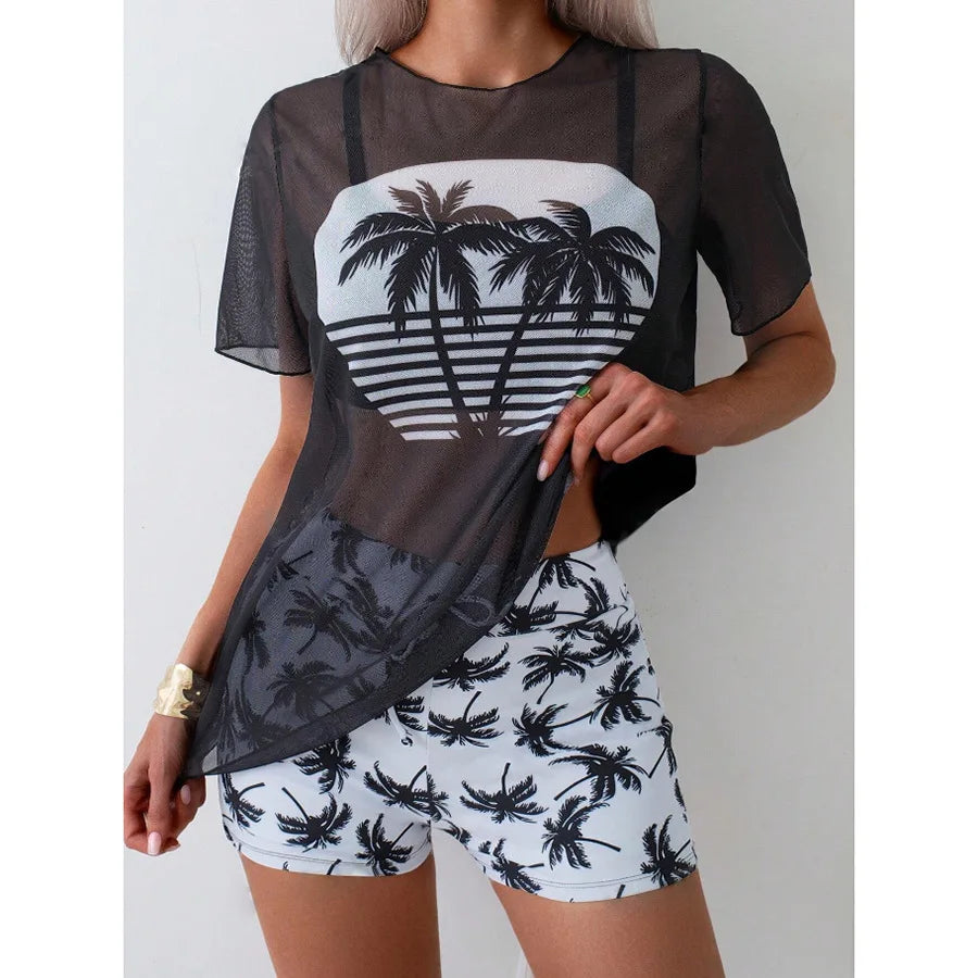 Palm Tree Print Meshed Boyleg Two Piece Bikini Set Swimsuit Sets