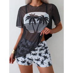 Palm Tree Print Meshed Boyleg Two Piece Bikini Set Swimsuit Sets