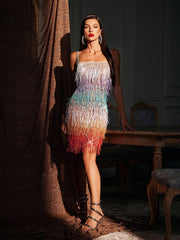 Robe mini à franges et paillettes spaghetti 