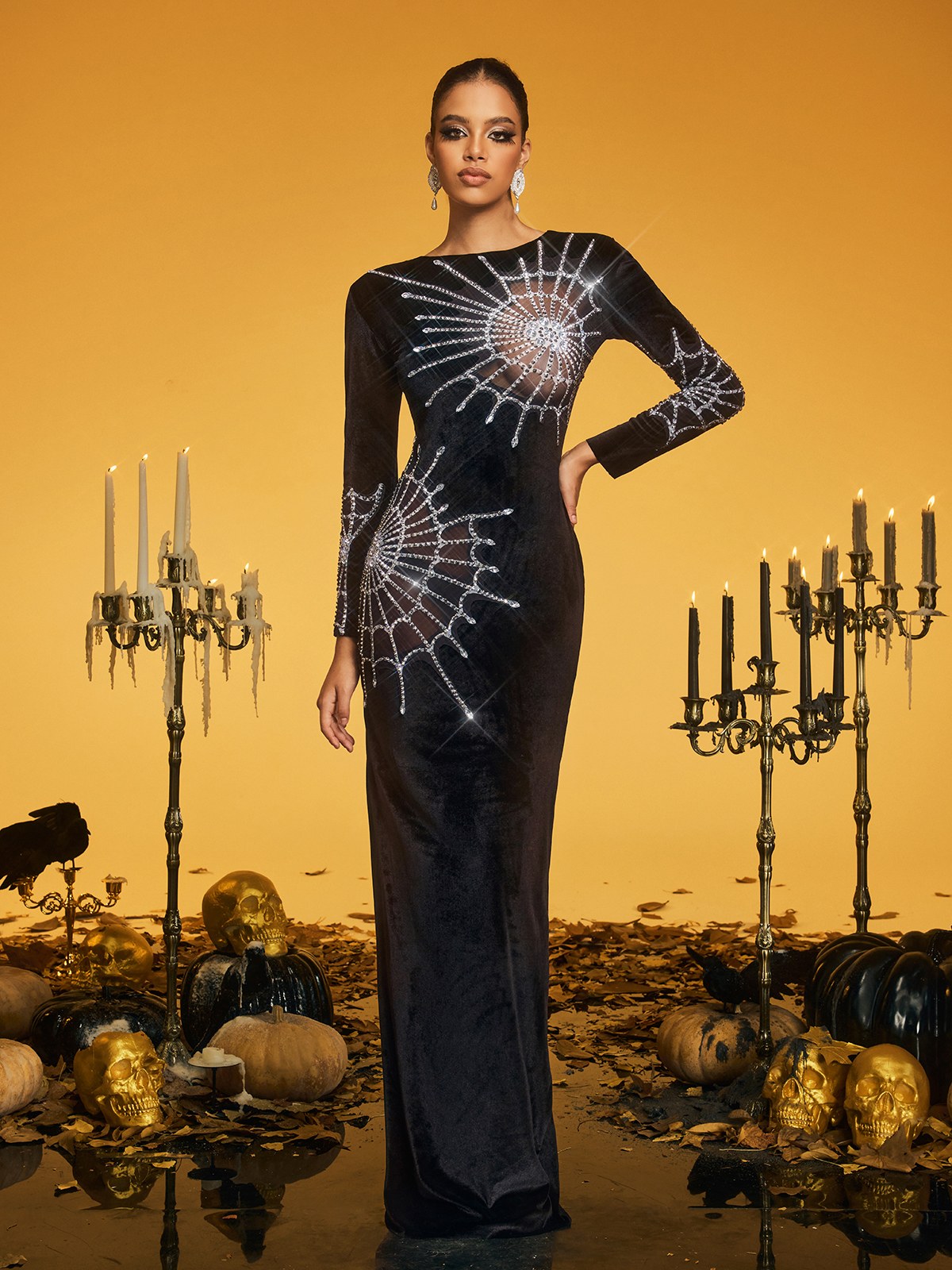 Robe longue maxi en velours à motif toile d'araignée à manches longues 