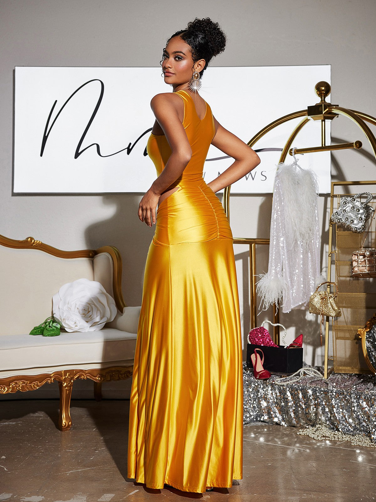 Crystal Cutout Satin Maxi Dress