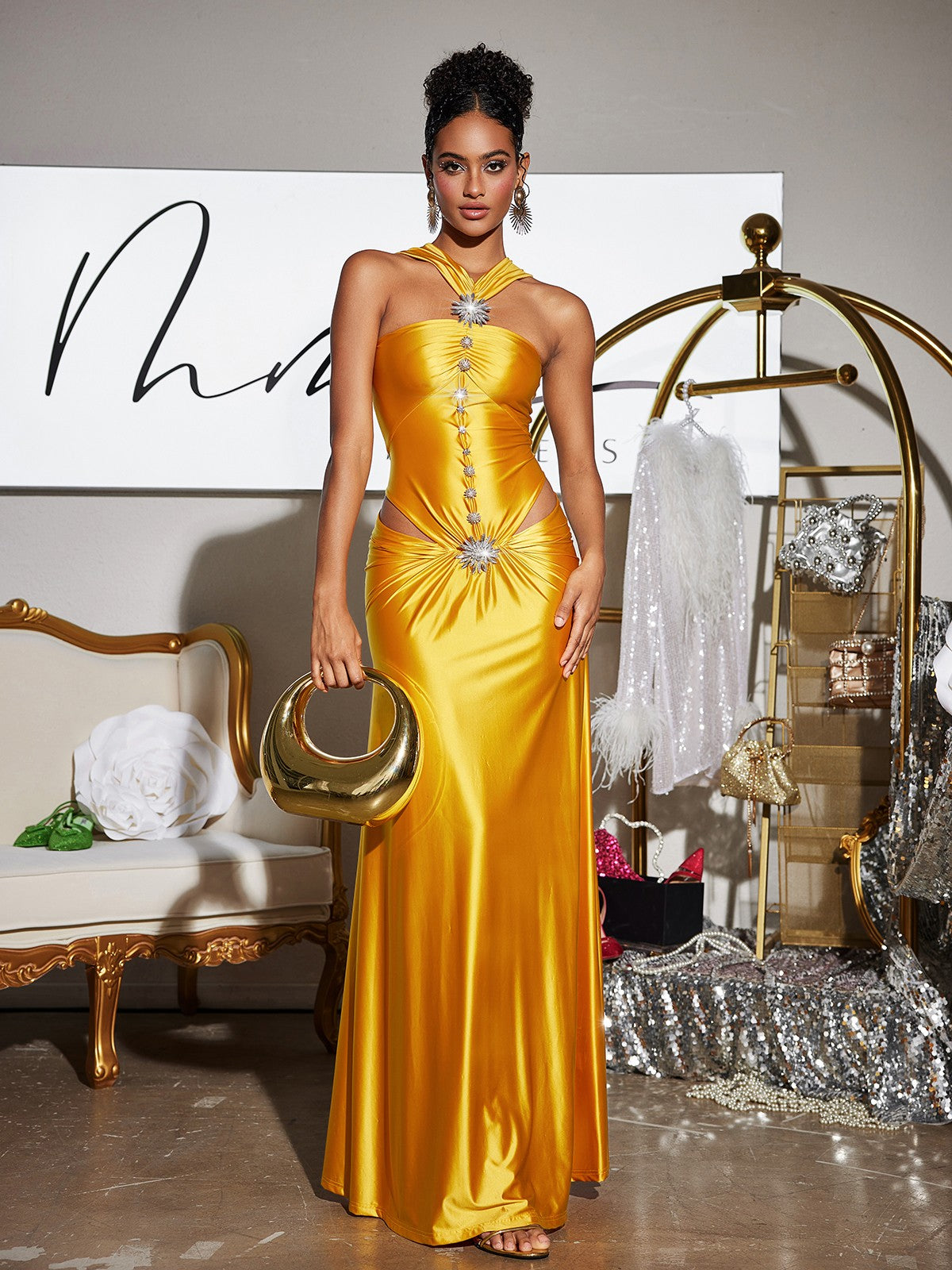 Crystal Cutout Satin Maxi Dress