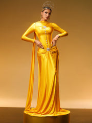 Robe longue maxi en satin cristal à manches longues 