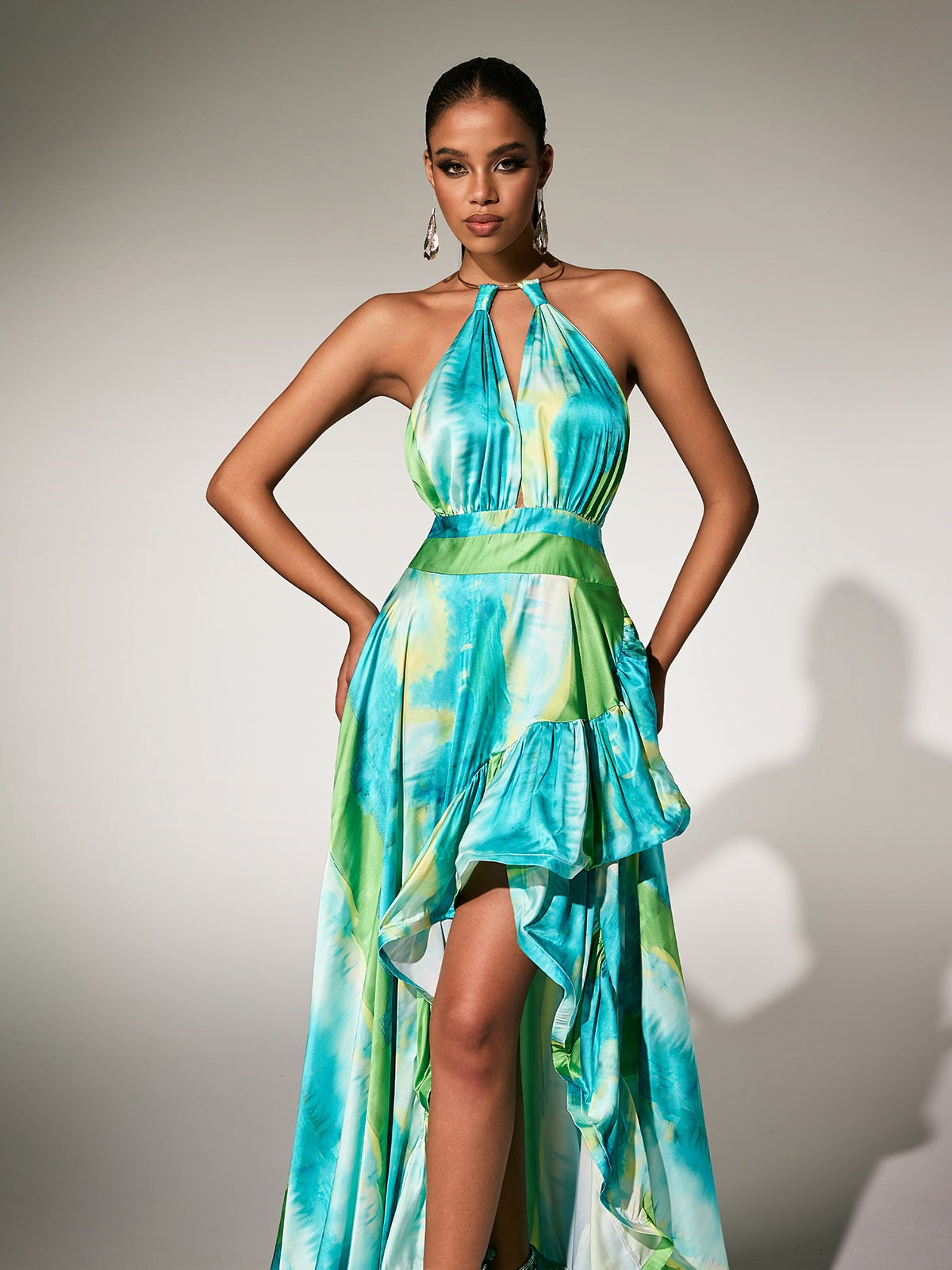 Halterneck Printed Ruffle Maxi Dress