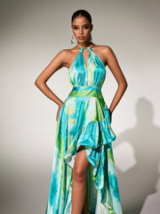 Halterneck Printed Ruffle Maxi Dress