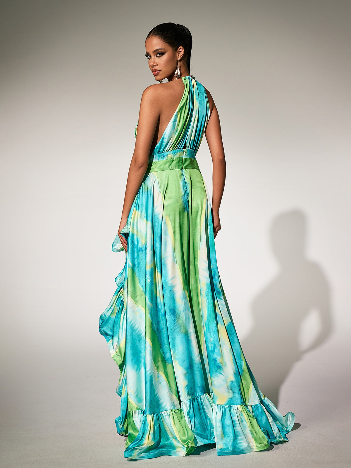 Halterneck Printed Ruffle Maxi Dress