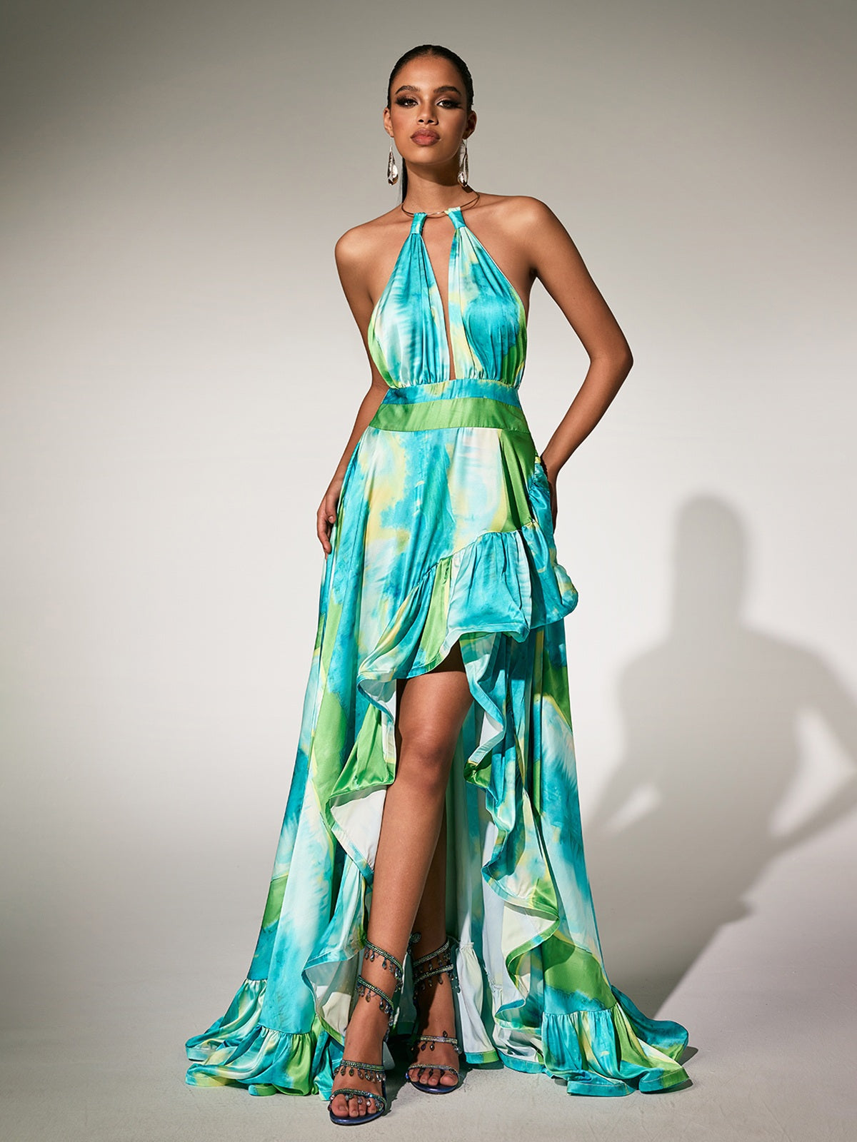 Halterneck Printed Ruffle Maxi Dress