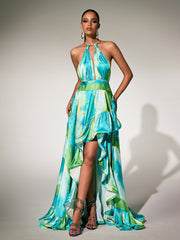Halterneck Printed Ruffle Maxi Dress