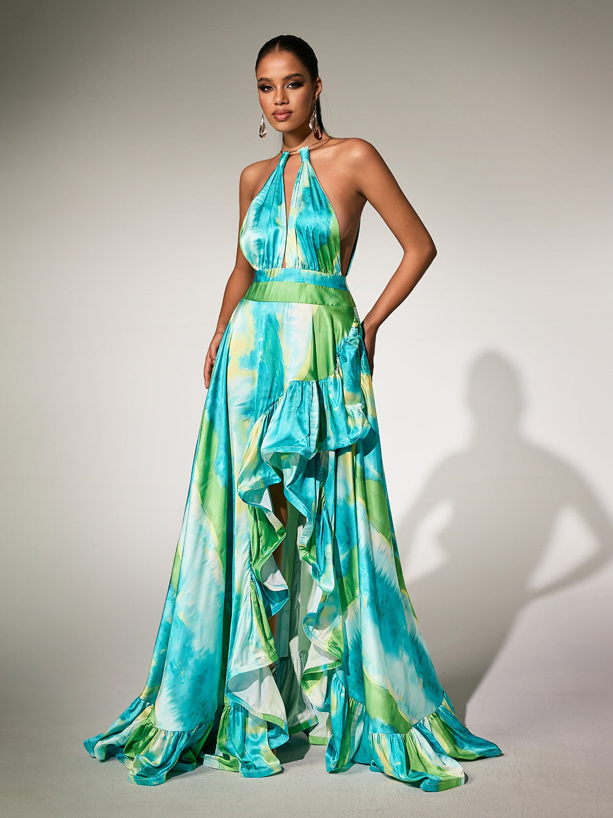 Halterneck Printed Ruffle Maxi Dress