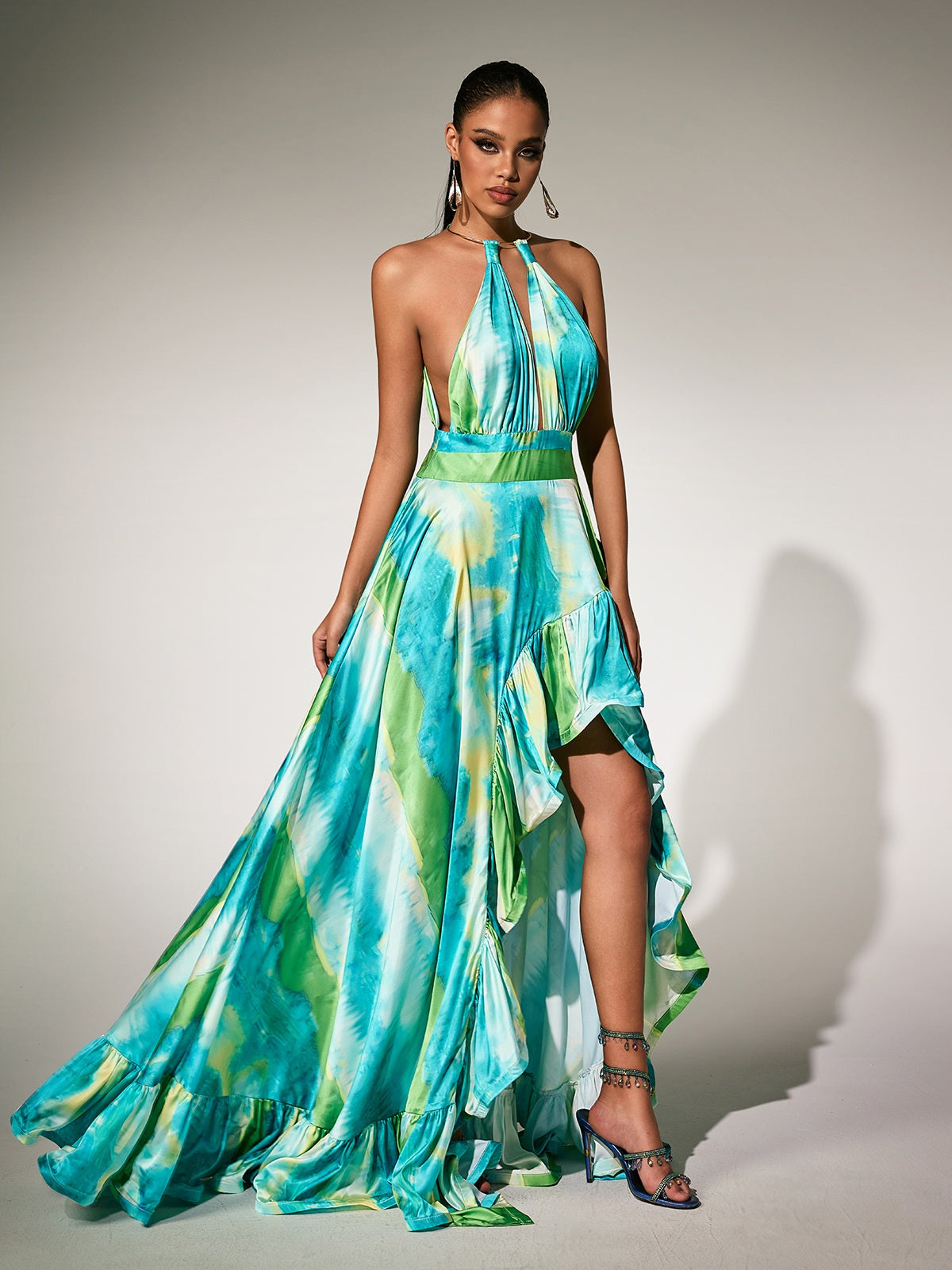 Halterneck Printed Ruffle Maxi Dress