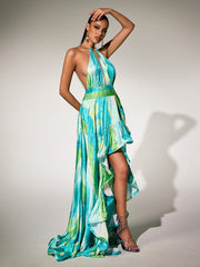 Halterneck Printed Ruffle Maxi Dress