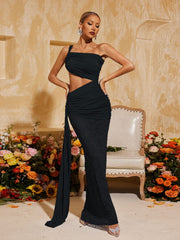 Robe longue drapée en dentelle ajourée noire 