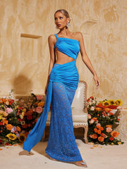 Robe longue drapée en dentelle ajourée bleue 