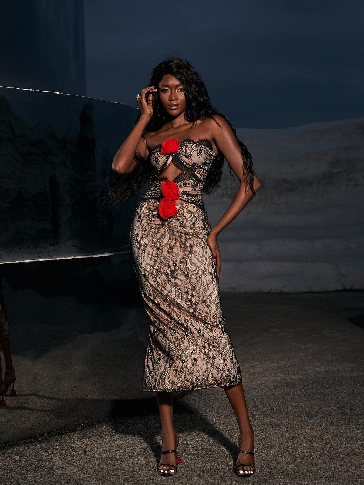 Robe midi en dentelle à fleurs 