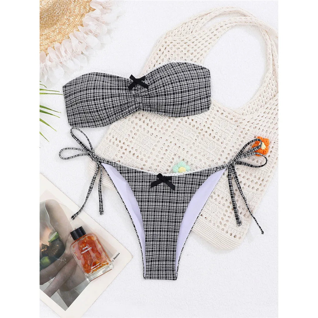 Plaid Bandeau Bikini Strappy Two-pieces Bikini Set