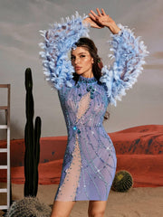 Robe courte à manches longues ornée de plumes