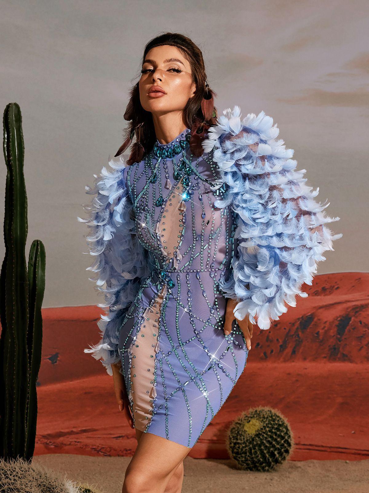 Robe courte à manches longues ornée de plumes