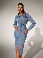 Robe midi fendue à col rabattu 