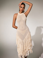 Robe midi sans manches à franges en maille 