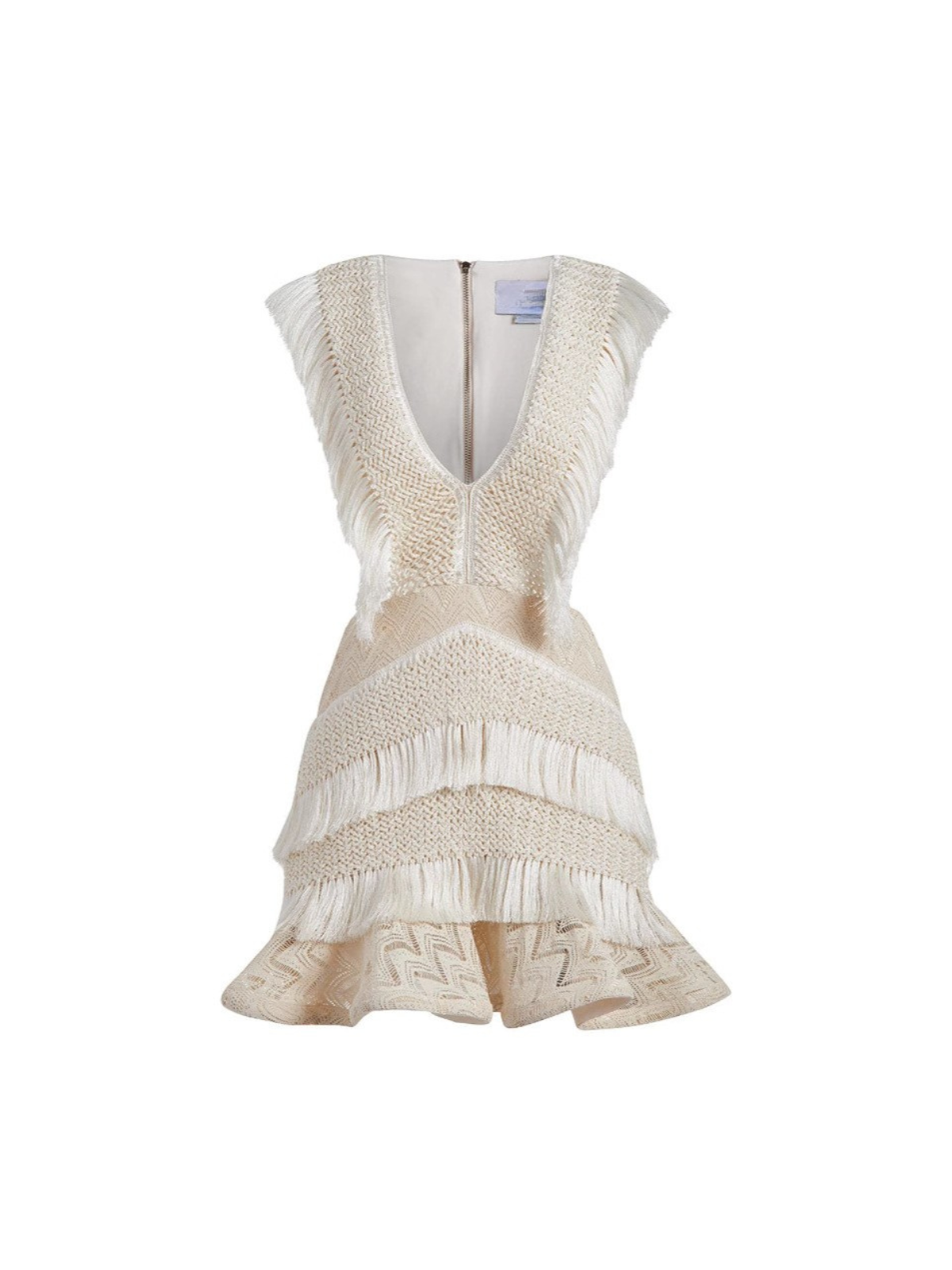 Robe courte en maille à col en V et franges découpées 