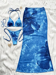 Printed With Halter Bikini Three-pieces Bikini Set