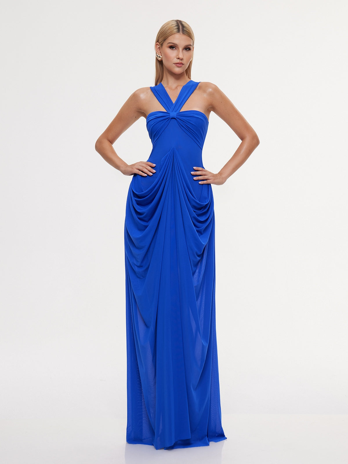 Robe longue fendue à col licou 