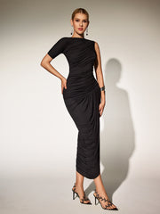 Robe maxi asymétrique à fente froncée noire 