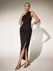 Robe maxi asymétrique à fente froncée noire 