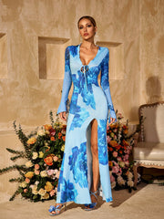 Robe longue fleurie fendue à col en V 