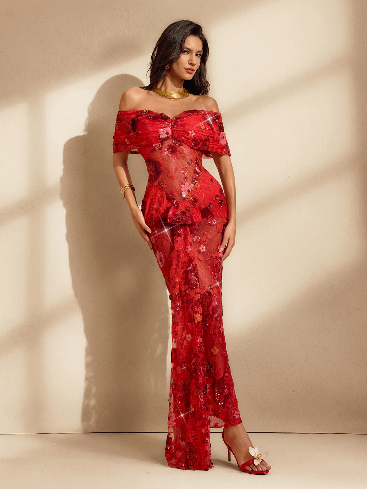 Off Shoulder Floral Sequin Maxi Dress