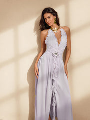 Robe longue dos nu à volants lilas 