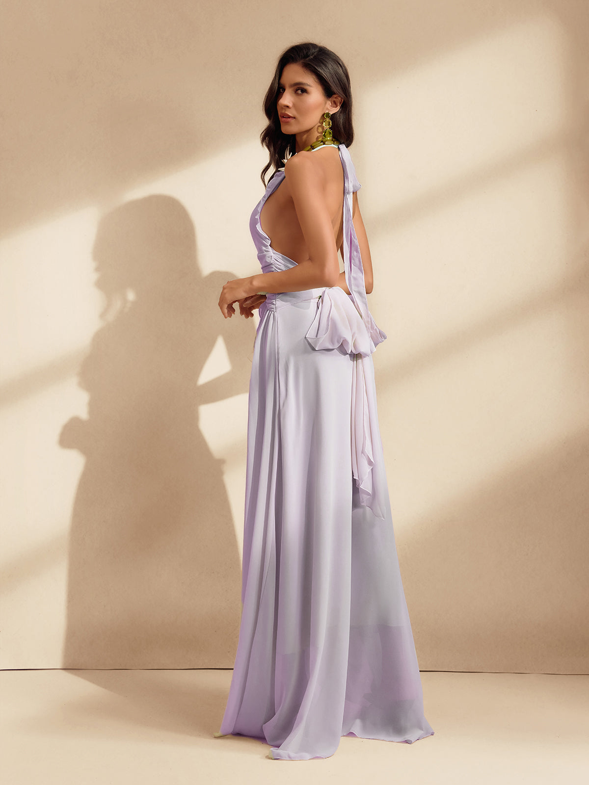 Robe longue dos nu à volants lilas 
