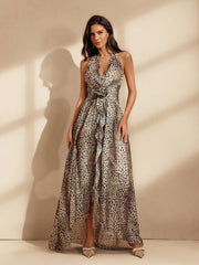 Halterneck Ruffle Maxi Dress In Leopard