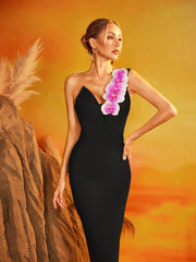 One Shoulder Flower Bandage Maxi Dress In Black