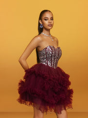 Robe bustier mini en cristal couleur vin 