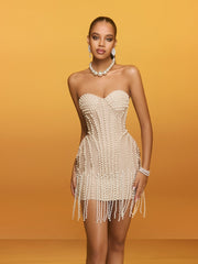Strapless Pearl Fringe Bandage Mini Dress