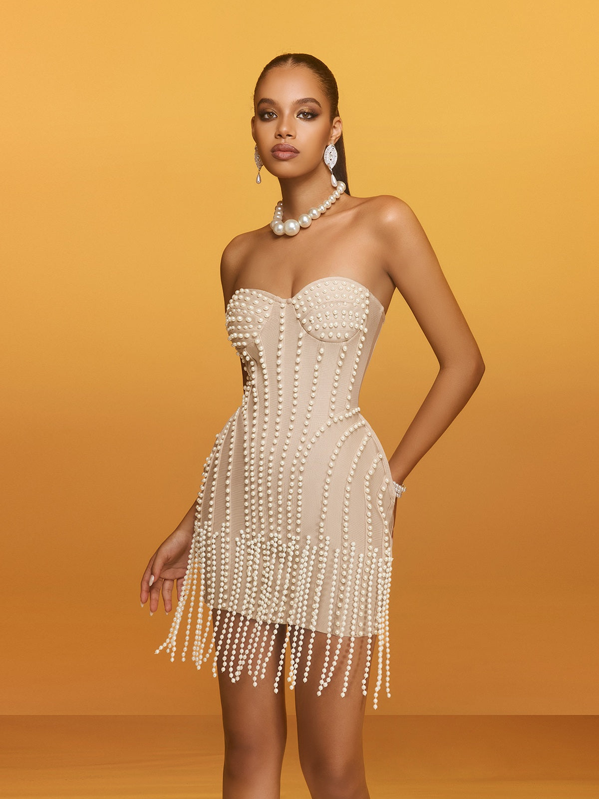 Strapless Pearl Fringe Bandage Mini Dress