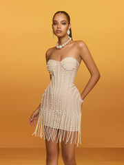 Strapless Pearl Fringe Bandage Mini Dress